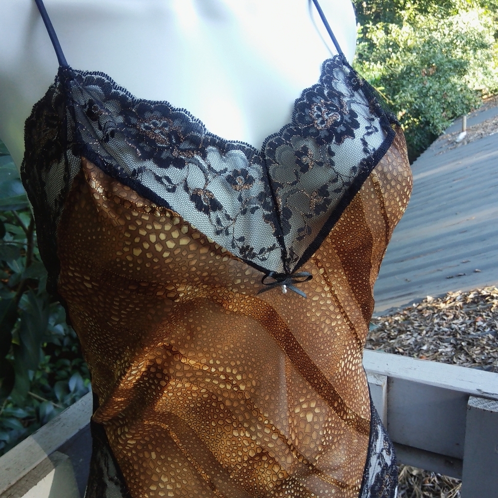 Shirley of Hollywood Vintage 80s 90s Gold Black Lace Sheer Mesh Teddy Lingerie - Picture 8 of 14